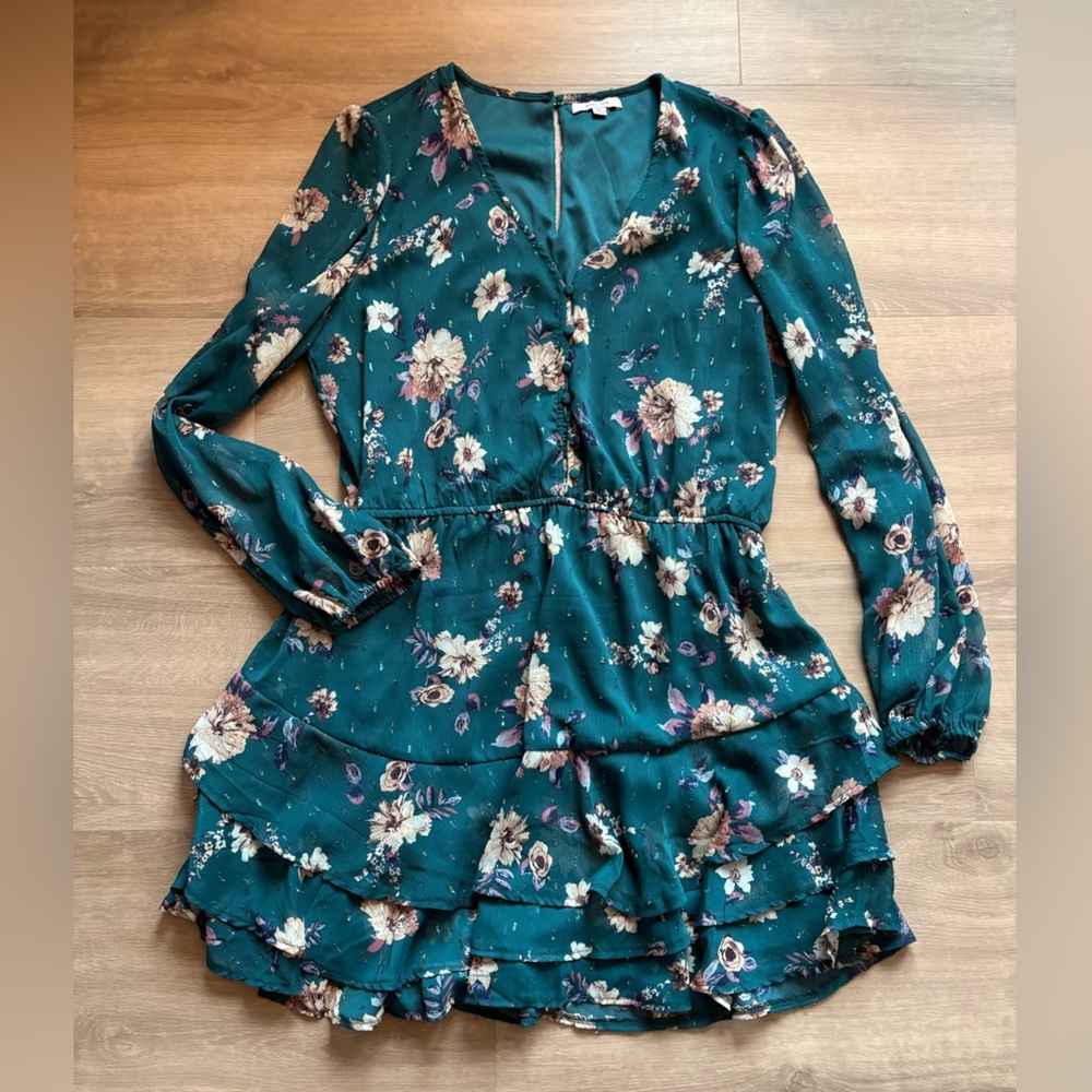 Anthro BTFL-life Floral Ruffle Dress with Sheer Sleeves and Metallic Accents